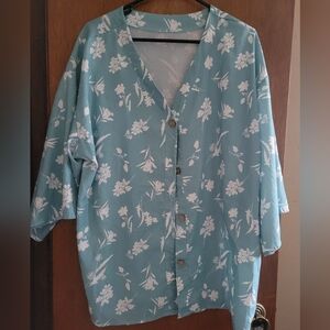 Light Teal Floral Button-Front Blouse